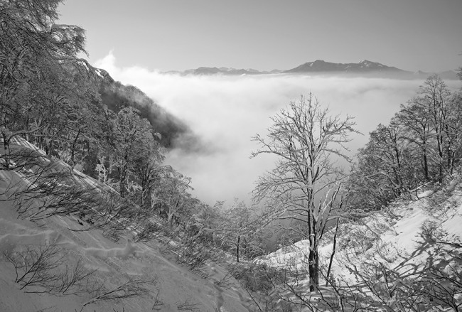 Fog engulfs the lower valleys surrounding Nozawa Onsen.