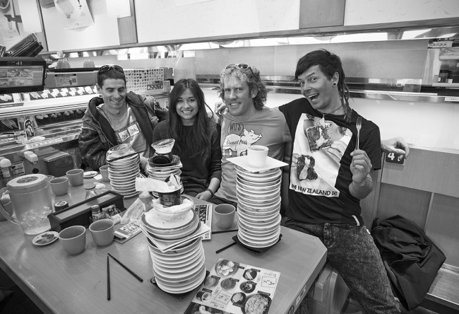 Sushi train locals Lucas, Tia, Jules and Jerry putting on an impressive performance. Jules took the number one spot with 23 plates.