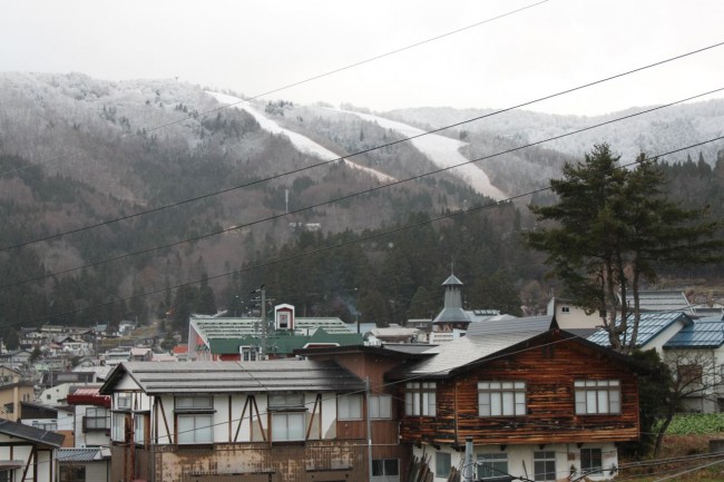 Looking out the back window at Nozawa Central the snow is coming.