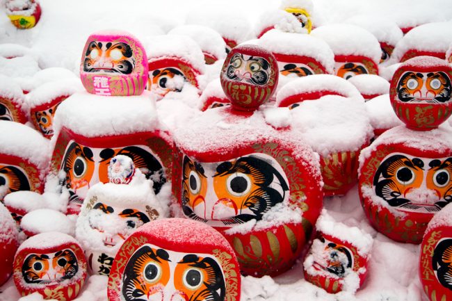 The Daruma which both eyes are coloured black when a wish comes true are burnt at the Fire Festival in Nozawa 