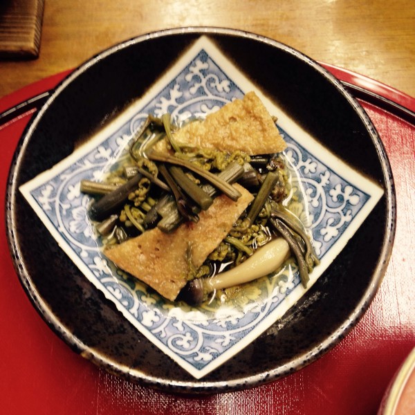 Local made tofu and hand picked wild mountain vegetables one of the dishes on the menu at Kawabata