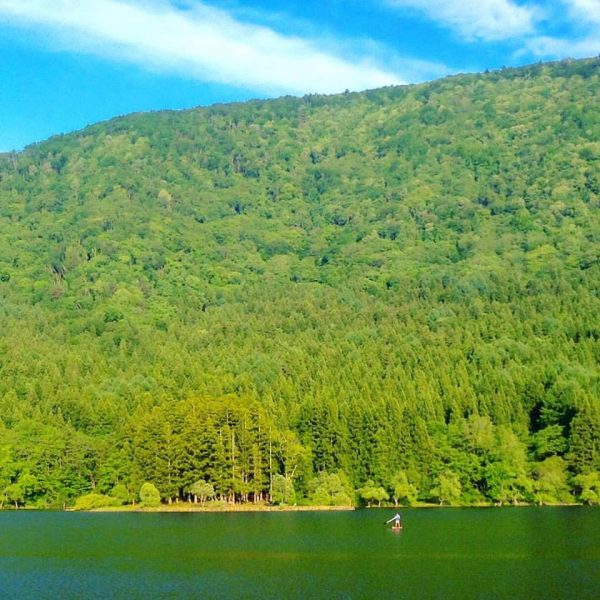 You probably didn't think you would see scenes like this in Nozawa Onsen. Sup Paddle and green forests beautiful..