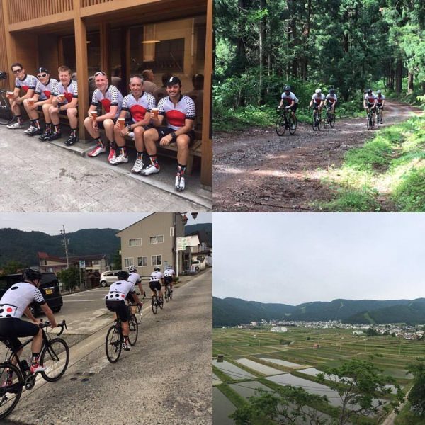 Tony and the gang enjoying Day 1 of their cycle tour in Nozawa Onsen