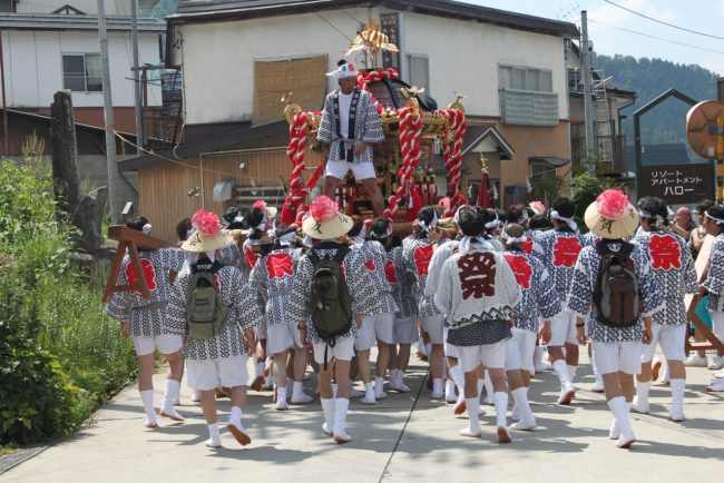 The Omokoshi or Shrine is paraded thru the streets of the village and is spectacular to watch