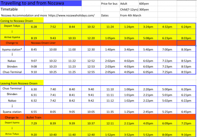 Train and Bus Times to Nozawa