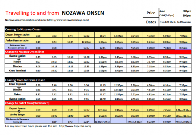 Timetable Bus Train Nozawa Onsen