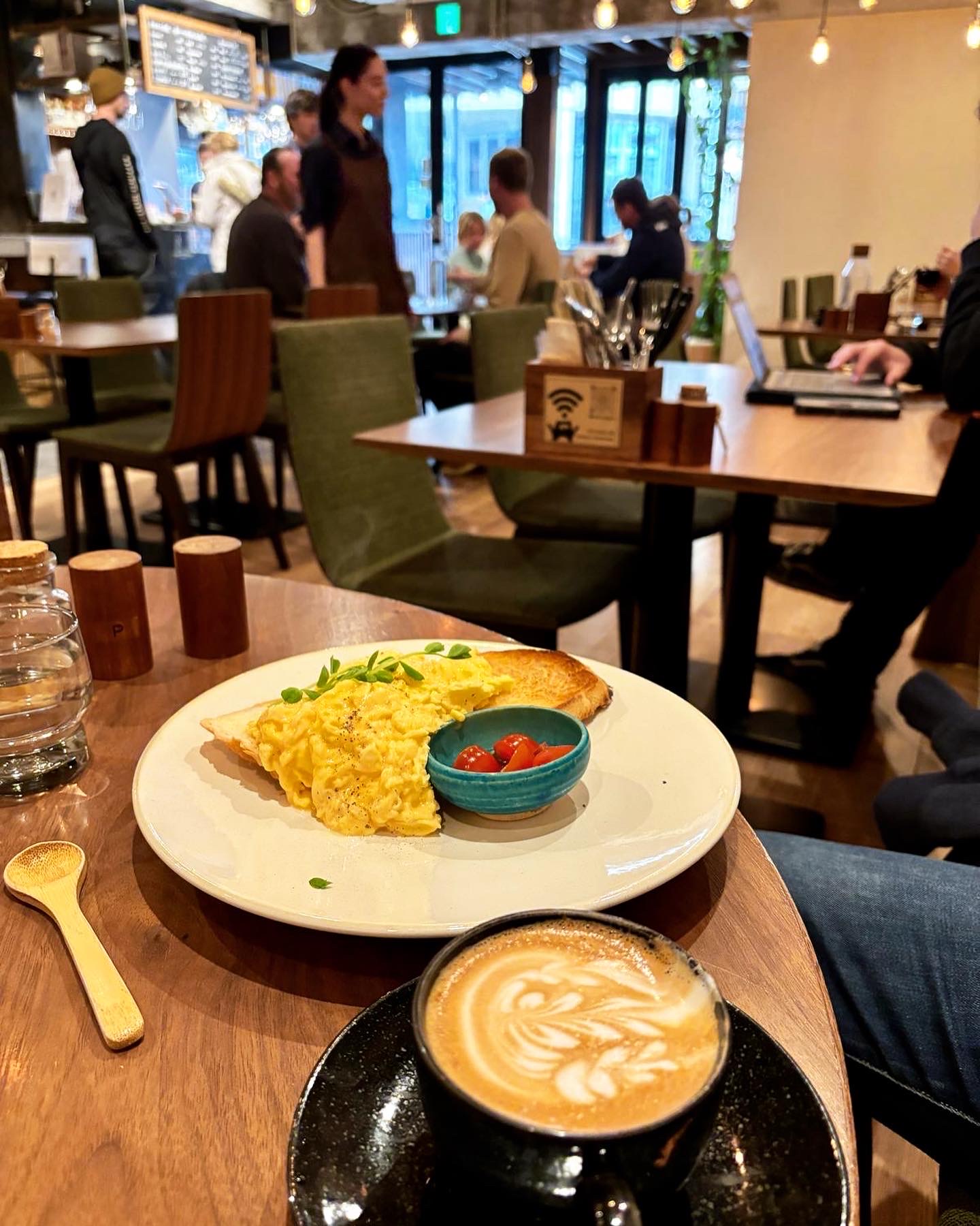 Enjoying a breakfast at one of many coffee places in Nozawa Onsen village