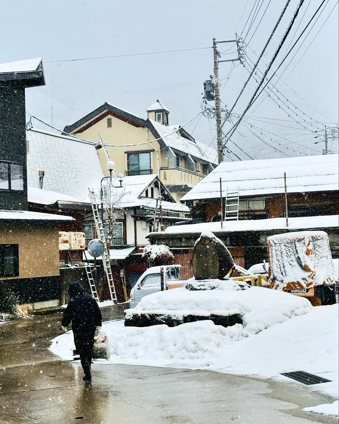 Streets of Nozawa Onsen covered in mid Feb fresh snow 