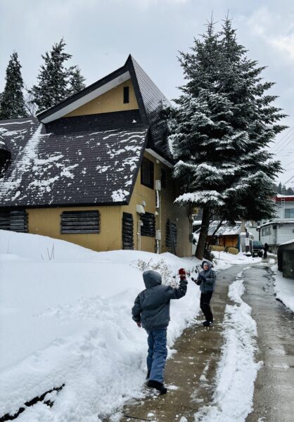 Kids enjoying their time down town in Nozawa Onsen after a heavy snowfall