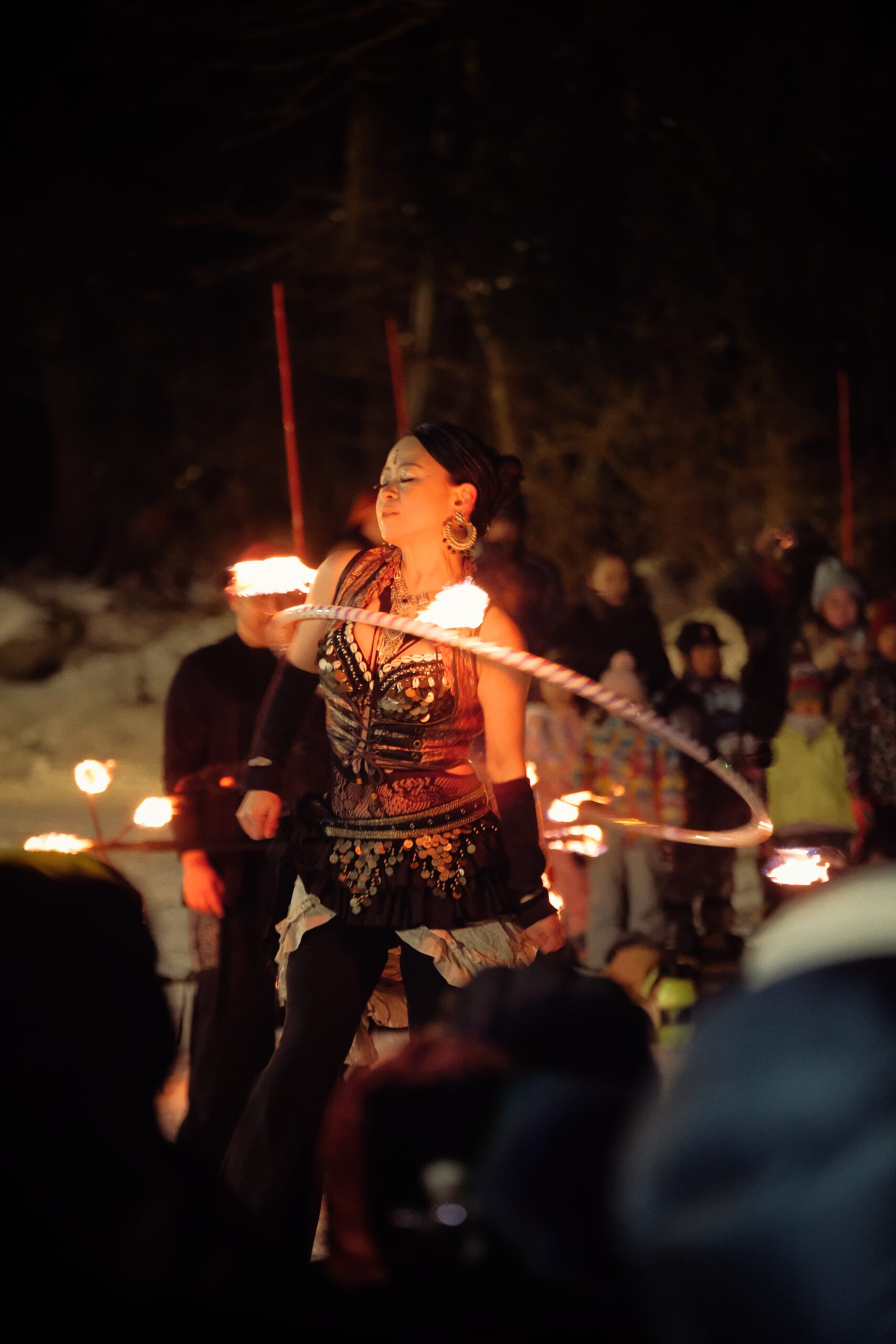 Fire twirler performance display at Nagasaka Station in Nozawa during Lantern Festival