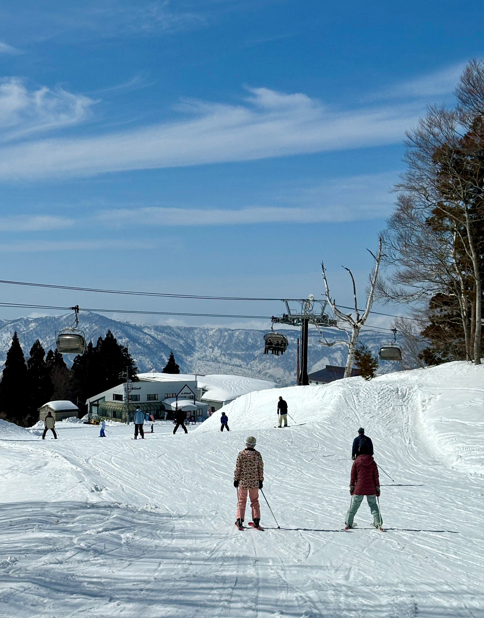 skiiers at the end of the snow park run 