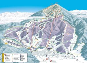 A detailed map of lifts and runs across the mountain in Nozawa