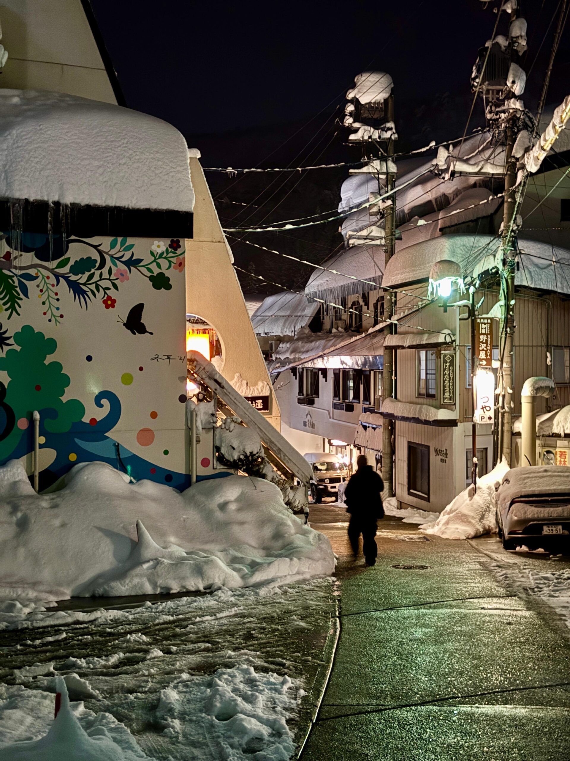 Nozawa shines reflecting street lights off the fresh snow 